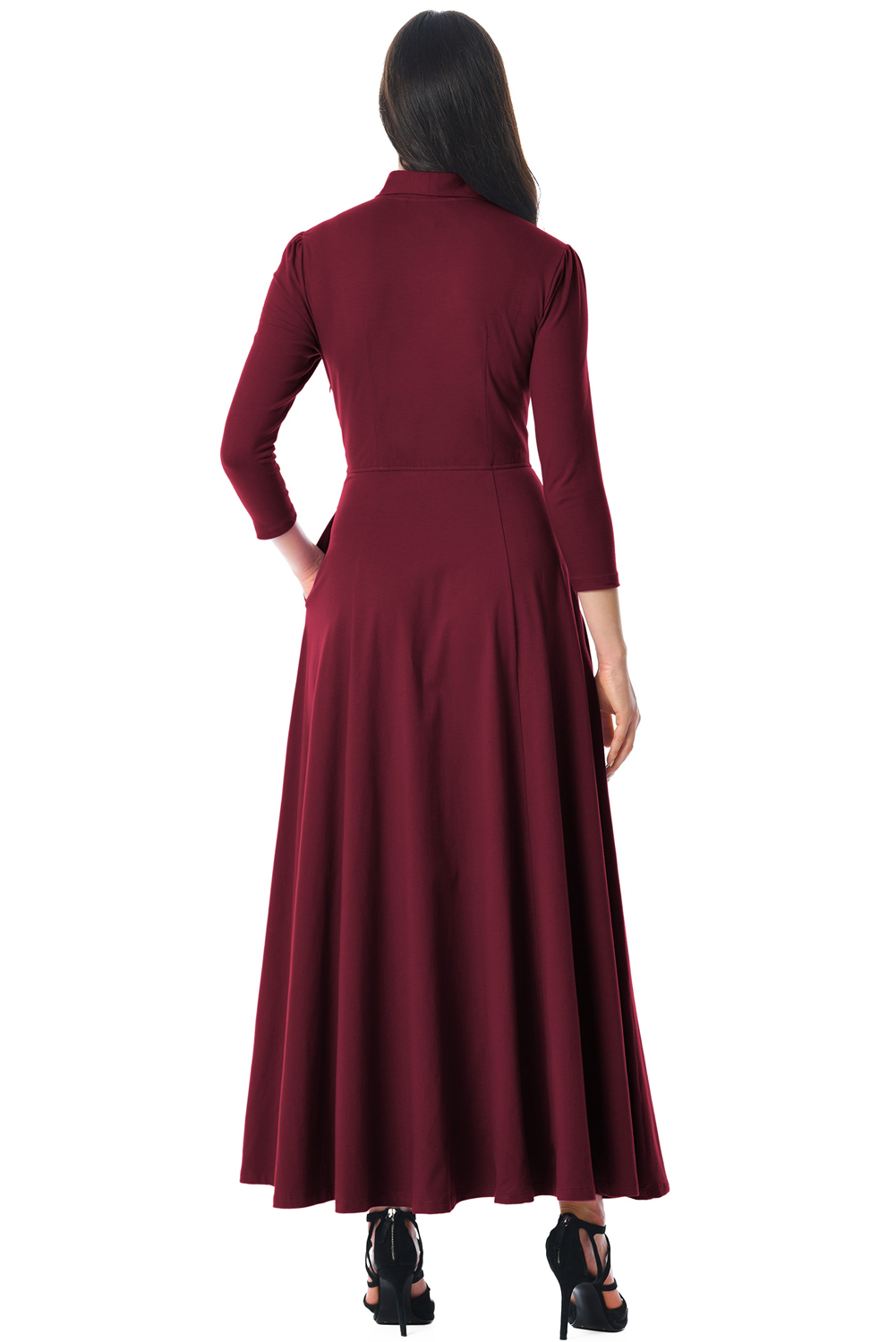 BY610398-3 Burgundy Pocketed  Sleeves Tie Neck Maxi Dress